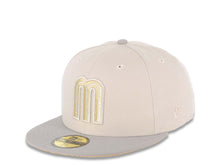 Load image into Gallery viewer, Mexico New Era 59FIFTY 5950 Fitted Cap Hat Stone Crown Gray Visor Metallic Gold/Metallic Silver Logo Mexico Flag Side Patch Metallic Gold
