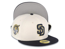 Load image into Gallery viewer, San Diego Padres New Era MLB 59FIFTY 5950 Fitted Cap Hat Cream Crown Navy Blue Visor Navy Blue/Metallic Gold Logo 40th Anniversary Side Patch Gray UV