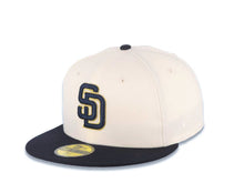 Load image into Gallery viewer, San Diego Padres New Era MLB 59FIFTY 5950 Fitted Cap Hat Cream Crown Navy Blue Visor Navy Blue/Metallic Gold Logo 40th Anniversary Side Patch Gray UV