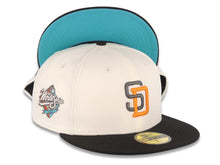 Load image into Gallery viewer, San Diego Padres New Era MLB 59FIFTY 5950 Fitted Cap Hat Cream Crown Black Visor Metallic Black/Dark Orange Logo 1998 World Series Side Patch Teal UV