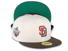 Load image into Gallery viewer, San Diego Padres New Era MLB 59FIFTY 5950 Fitted Cap Hat Cream Crown Brown Visor Metallic Red/Black Logo 1998 World Series Side Patch Green UV
