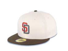 Load image into Gallery viewer, San Diego Padres New Era MLB 59FIFTY 5950 Fitted Cap Hat Cream Crown Brown Visor Metallic Red/Black Logo 1998 World Series Side Patch Green UV