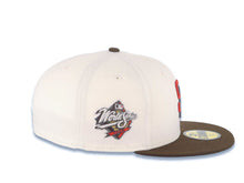 Load image into Gallery viewer, San Diego Padres New Era MLB 59FIFTY 5950 Fitted Cap Hat Cream Crown Brown Visor Metallic Red/Black Logo 1998 World Series Side Patch Green UV