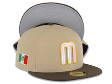 Load image into Gallery viewer, Mexico New Era 59FIFTY 5950 Fitted Cap Hat Khaki Crown Brown Visor Pink/Cream/Metallic Gold Logo Mexico Flag Side Patch Gray UV