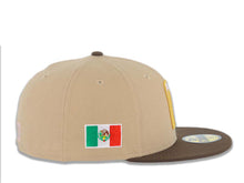 Load image into Gallery viewer, Mexico New Era 59FIFTY 5950 Fitted Cap Hat Khaki Crown Brown Visor Pink/Cream/Metallic Gold Logo Mexico Flag Side Patch Gray UV