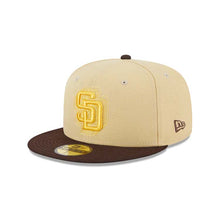 Load image into Gallery viewer, San Diego Padres New Era MLB 59FIFTY 5950 Fitted Cap Hat Vegas Gold Crown Brown Visor Yellow Logo Stadium Side Patch (Illusion)