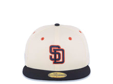 Load image into Gallery viewer, (FLAT STITCH) San Diego Padres New Era MLB 59FIFTY 5950 Fitted Cap Hat Cream Crown Navy Blue Visor Navy/Red Logo MLB Batterman Batty Side Patch
