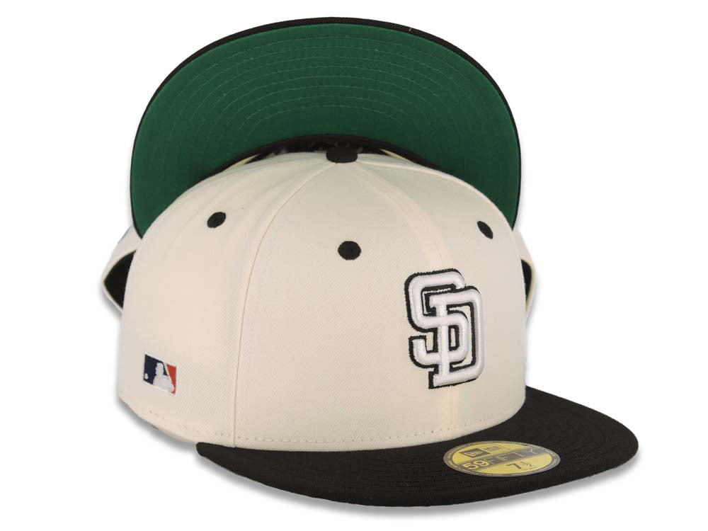 San Diego Padres New Era MLB 59FIFTY 5950 Fitted Cap Hat Cream Crown Black Visor White/Black Logo MLB Batterman Batty Side Patch Green UV