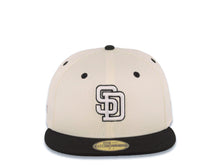 Load image into Gallery viewer, San Diego Padres New Era MLB 59FIFTY 5950 Fitted Cap Hat Cream Crown Black Visor White/Black Logo MLB Batterman Batty Side Patch Green UV
