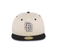 Load image into Gallery viewer, San Diego Padres New Era MLB 59FIFTY 5950 Fitted Cap Hat Cream Crown Black Visor White/Black Logo MLB Batterman Batty Side Patch Green UV