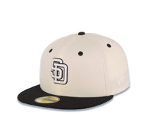 Load image into Gallery viewer, San Diego Padres New Era MLB 59FIFTY 5950 Fitted Cap Hat Cream Crown Black Visor White/Black Logo MLB Batterman Batty Side Patch Green UV
