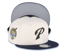 Load image into Gallery viewer, San Diego Padres New Era MLB 9FIFTY 950 Snapback Cap Hat Cream Crown Navy Blue Visor Navy Blue/Metallic Gold Script P Logo 40th Anniversary Side Patch