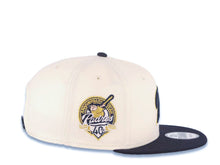 Load image into Gallery viewer, San Diego Padres New Era MLB 9FIFTY 950 Snapback Cap Hat Cream Crown Navy Blue Visor Navy Blue/Metallic Gold Script P Logo 40th Anniversary Side Patch