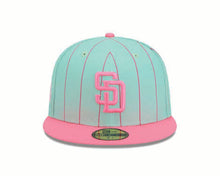 Load image into Gallery viewer, San Diego Padres New Era MLB 59FIFTY 5950 Fitted Cap Hat Light Teal/Pink Pinstripe Crown Pink Visor Pink Logo 1969 Side Patch Gray UV