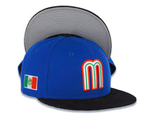 Load image into Gallery viewer, Mexico New Era 9FIFTY 950 Snapback Cap Hat Royal Blue Crown Black Visor Team Color Logo Mexico Flag Side Patch Gray UV