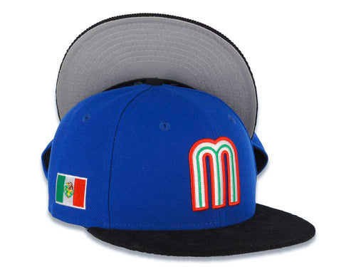 Mexico New Era 9FIFTY 950 Snapback Cap Hat Royal Blue Crown Black Visor Team Color Logo Mexico Flag Side Patch Gray UV