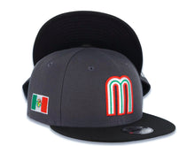 Load image into Gallery viewer, Mexico New Era 9FIFTY 950 Snapback Cap Hat Dark Gray Crown Black Visor Team Color Logo Mexico Flag Side Patch Gray UV