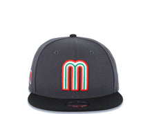Load image into Gallery viewer, Mexico New Era 9FIFTY 950 Snapback Cap Hat Dark Gray Crown Black Visor Team Color Logo Mexico Flag Side Patch Gray UV