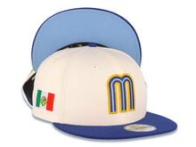 Load image into Gallery viewer, Mexico New Era 9FIFTY 950 Snapback Cap Hat Cream Crown Royal Blue Visor Sky Blue/Royal/Metallic Gold Logo Mexico Flag Side Patch Sky Blue UV
