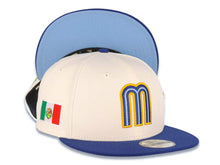 Load image into Gallery viewer, Mexico New Era 9FIFTY 950 Snapback Cap Hat Cream Crown Royal Blue Visor Sky Blue/Royal/Metallic Gold Logo Mexico Flag Side Patch Sky Blue UV