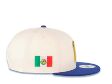 Load image into Gallery viewer, Mexico New Era 9FIFTY 950 Snapback Cap Hat Cream Crown Royal Blue Visor Sky Blue/Royal/Metallic Gold Logo Mexico Flag Side Patch Sky Blue UV
