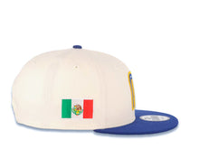 Load image into Gallery viewer, Mexico New Era 9FIFTY 950 Snapback Cap Hat Cream Crown Royal Blue Visor Sky Blue/Royal/Metallic Gold Logo Mexico Flag Side Patch Sky Blue UV