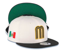 Load image into Gallery viewer, Mexico New Era 9FIFTY 950 Snapback Cap Hat Cream Crown Black Visor Metallic Gold/Black Logo Mexico Flag Side Patch Green UV Green UV
