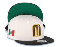 Load image into Gallery viewer, Mexico New Era 9FIFTY 950 Snapback Cap Hat Cream Crown Black Visor Metallic Gold/Black Logo Mexico Flag Side Patch Green UV Green UV