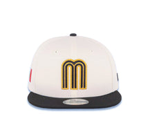 Load image into Gallery viewer, Mexico New Era 9FIFTY 950 Snapback Cap Hat Cream Crown Black Visor Metallic Gold/Black Logo Mexico Flag Side Patch Green UV Green UV