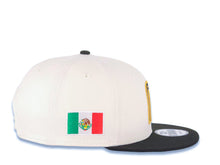 Load image into Gallery viewer, Mexico New Era 9FIFTY 950 Snapback Cap Hat Cream Crown Black Visor Metallic Gold/Black Logo Mexico Flag Side Patch Green UV Green UV