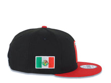 Load image into Gallery viewer, Mexico New Era 9FIFTY 950 Snapback Cap Hat Black Crown Red Visor Team Color Logo Mexico Flag Side Patch Green UV