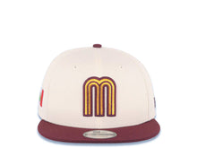 Load image into Gallery viewer, Mexico New Era 9FIFTY 950 Snapback Cap Hat Cream Crown Maroon Visor Metallic Gold/Maroon Logo Mexico Flag Side Patch Logo Gray UV