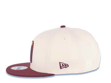 Load image into Gallery viewer, Mexico New Era 9FIFTY 950 Snapback Cap Hat Cream Crown Maroon Visor Metallic Gold/Maroon Logo Mexico Flag Side Patch Logo Gray UV