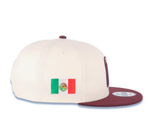 Load image into Gallery viewer, Mexico New Era 9FIFTY 950 Snapback Cap Hat Cream Crown Maroon Visor Metallic Gold/Maroon Logo Mexico Flag Side Patch Logo Gray UV