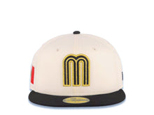 Load image into Gallery viewer, Mexico New Era WBC 59FIFTY 5950 Fitted Cap Hat Cream Crown Black Visor Black/Metallic Gold Logo Mexico Flag Side Patch Gray UV