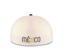 Load image into Gallery viewer, Mexico New Era WBC 59FIFTY 5950 Fitted Cap Hat Cream Crown Black Visor Black/Metallic Gold Logo Mexico Flag Side Patch Gray UV