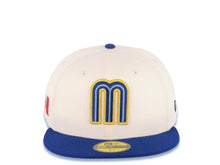 Load image into Gallery viewer, Mexico New Era WBC 59FIFTY 5950 Fitted Cap Hat Cream Crown Royal Blue Visor Royal/Metallic Gold/Sky Blue Logo Mexico Flag Side Patch Sky Blue UV