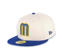 Load image into Gallery viewer, Mexico New Era WBC 59FIFTY 5950 Fitted Cap Hat Cream Crown Royal Blue Visor Royal/Metallic Gold/Sky Blue Logo Mexico Flag Side Patch Sky Blue UV