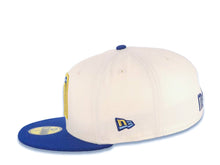 Load image into Gallery viewer, Mexico New Era WBC 59FIFTY 5950 Fitted Cap Hat Cream Crown Royal Blue Visor Royal/Metallic Gold/Sky Blue Logo Mexico Flag Side Patch Sky Blue UV