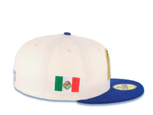 Load image into Gallery viewer, Mexico New Era WBC 59FIFTY 5950 Fitted Cap Hat Cream Crown Royal Blue Visor Royal/Metallic Gold/Sky Blue Logo Mexico Flag Side Patch Sky Blue UV