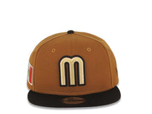 Load image into Gallery viewer, Mexico New Era WBC 9FIFTY 950 Snapback Cap Hat Brown Crown Black Visor Khaki/Black/Metallic Gold Logo Mexico Flag Side Patch Wheat UV