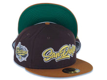 Load image into Gallery viewer, San Diego Padres New Era MLB 59FIFTY 5950 Fitted Cap Hat Dark Brown Crown Brown Visor Metallic Gold/White Script Logo Established 1969 Side Patch