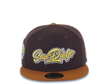 Load image into Gallery viewer, San Diego Padres New Era MLB 59FIFTY 5950 Fitted Cap Hat Dark Brown Crown Brown Visor Metallic Gold/White Script Logo Established 1969 Side Patch
