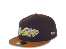 Load image into Gallery viewer, San Diego Padres New Era MLB 59FIFTY 5950 Fitted Cap Hat Dark Brown Crown Brown Visor Metallic Gold/White Script Logo Established 1969 Side Patch