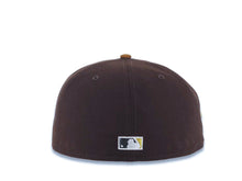 Load image into Gallery viewer, San Diego Padres New Era MLB 59FIFTY 5950 Fitted Cap Hat Dark Brown Crown Brown Visor Metallic Gold/White Script Logo Established 1969 Side Patch
