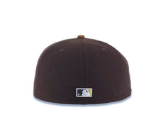Load image into Gallery viewer, San Diego Padres New Era MLB 59FIFTY 5950 Fitted Cap Hat Dark Brown Crown Brown Visor Metallic Gold/White Script Logo Established 1969 Side Patch