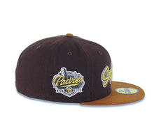 Load image into Gallery viewer, San Diego Padres New Era MLB 59FIFTY 5950 Fitted Cap Hat Dark Brown Crown Brown Visor Metallic Gold/White Script Logo Established 1969 Side Patch