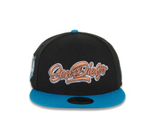 Load image into Gallery viewer, San Diego Padres New Era MLB 59FIFTY 5950 Fitted Cap Hat Black Crown Teal Visor Metallic Brown/White Script Logo Established 40th Anniversary Patch