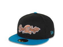 Load image into Gallery viewer, San Diego Padres New Era MLB 59FIFTY 5950 Fitted Cap Hat Black Crown Teal Visor Metallic Brown/White Script Logo Established 40th Anniversary Patch