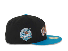 Load image into Gallery viewer, San Diego Padres New Era MLB 59FIFTY 5950 Fitted Cap Hat Black Crown Teal Visor Metallic Brown/White Script Logo Established 40th Anniversary Patch